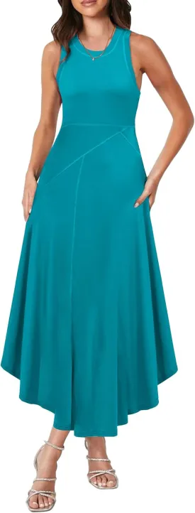 Caracilia Women Summer Sleeveless Maxi Sundress Casual Round Neck A-Line Flowy Racerback Long Beach Tank Dresses 2025 Trendy