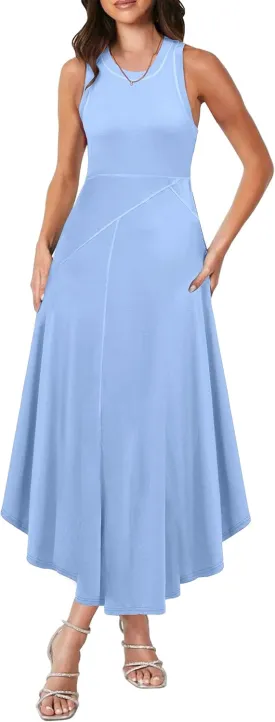 Caracilia Women Summer Sleeveless Maxi Sundress Casual Round Neck A-Line Flowy Racerback Long Beach Tank Dresses 2025 Trendy