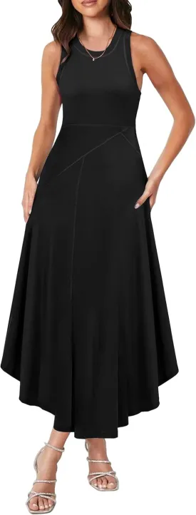Caracilia Women Summer Sleeveless Maxi Sundress Casual Round Neck A-Line Flowy Racerback Long Beach Tank Dresses 2025 Trendy
