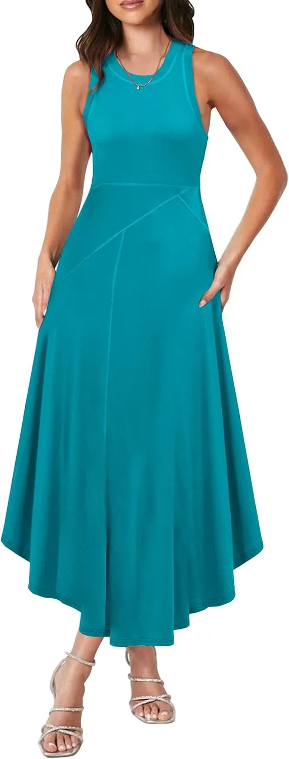 Caracilia Women Summer Sleeveless Maxi Sundress Casual Round Neck A-Line Flowy Racerback Long Beach Tank Dresses 2025 Trendy