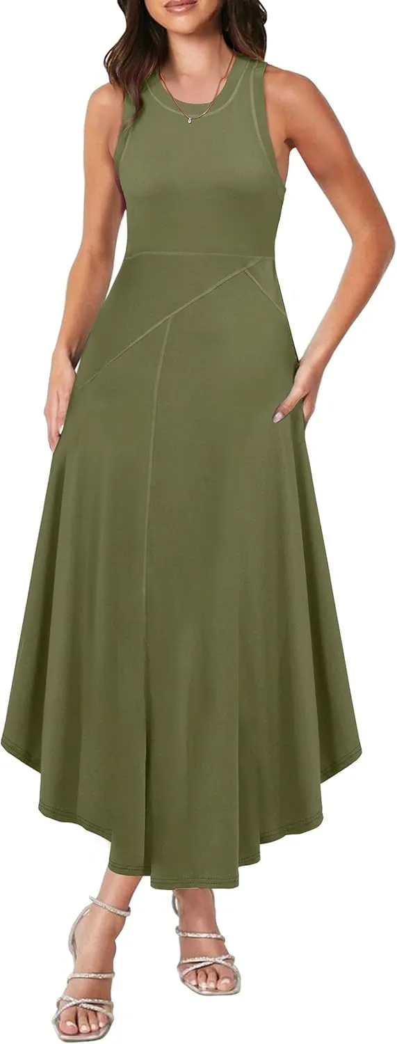 Caracilia Women Summer Sleeveless Maxi Sundress Casual Round Neck A-Line Flowy Racerback Long Beach Tank Dresses 2025 Trendy