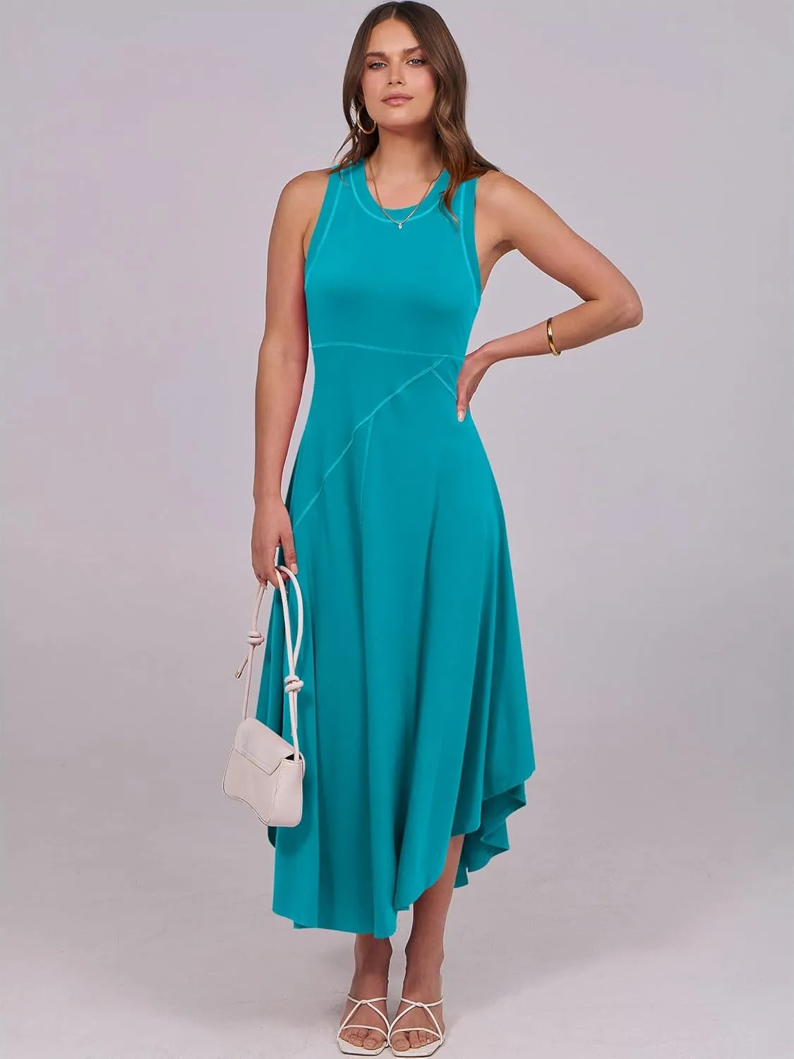 Caracilia Women Summer Sleeveless Maxi Sundress Casual Round Neck A-Line Flowy Racerback Long Beach Tank Dresses 2025 Trendy
