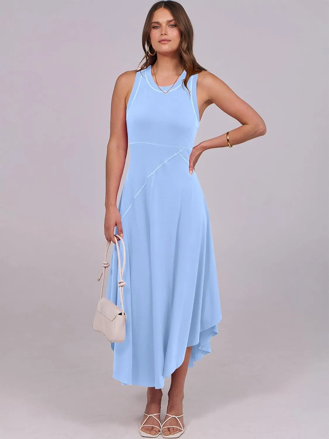 Caracilia Women Summer Sleeveless Maxi Sundress Casual Round Neck A-Line Flowy Racerback Long Beach Tank Dresses 2025 Trendy