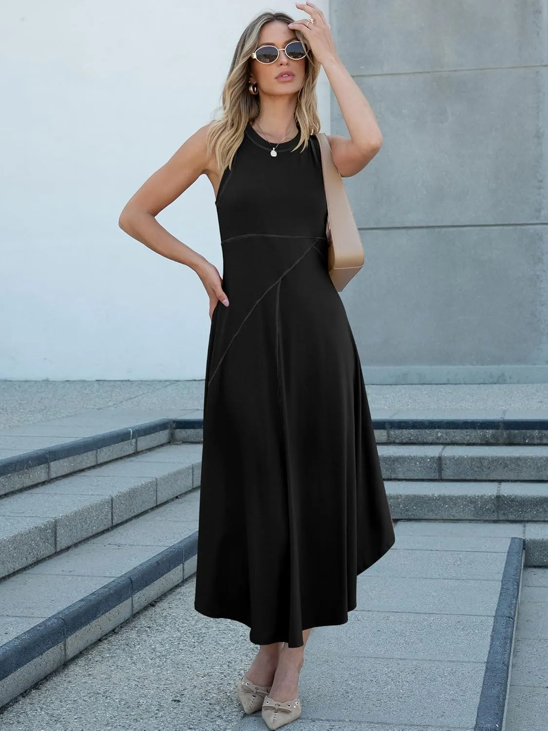 Caracilia Women Summer Sleeveless Maxi Sundress Casual Round Neck A-Line Flowy Racerback Long Beach Tank Dresses 2025 Trendy