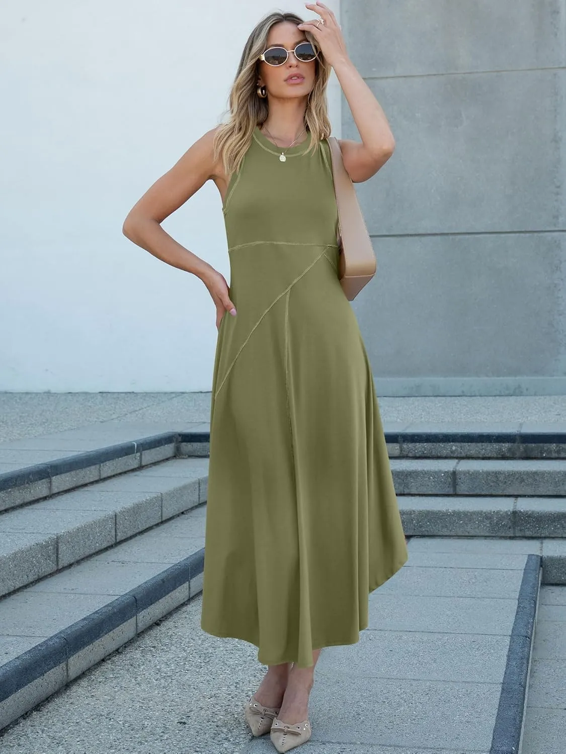 Caracilia Women Summer Sleeveless Maxi Sundress Casual Round Neck A-Line Flowy Racerback Long Beach Tank Dresses 2025 Trendy