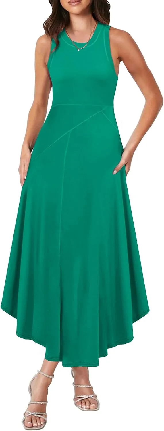 Caracilia Women Summer Sleeveless Maxi Sundress Casual Round Neck A-Line Flowy Racerback Long Beach Tank Dresses 2025 Trendy