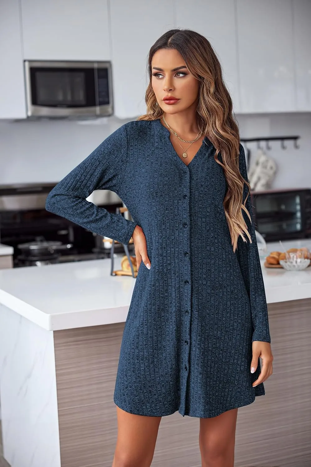 Ekouaer Nightgowns for Women Button Down Night Shirt Long Sleeve Ribbed Knit V-Neck Sleepwear Pajama Dress