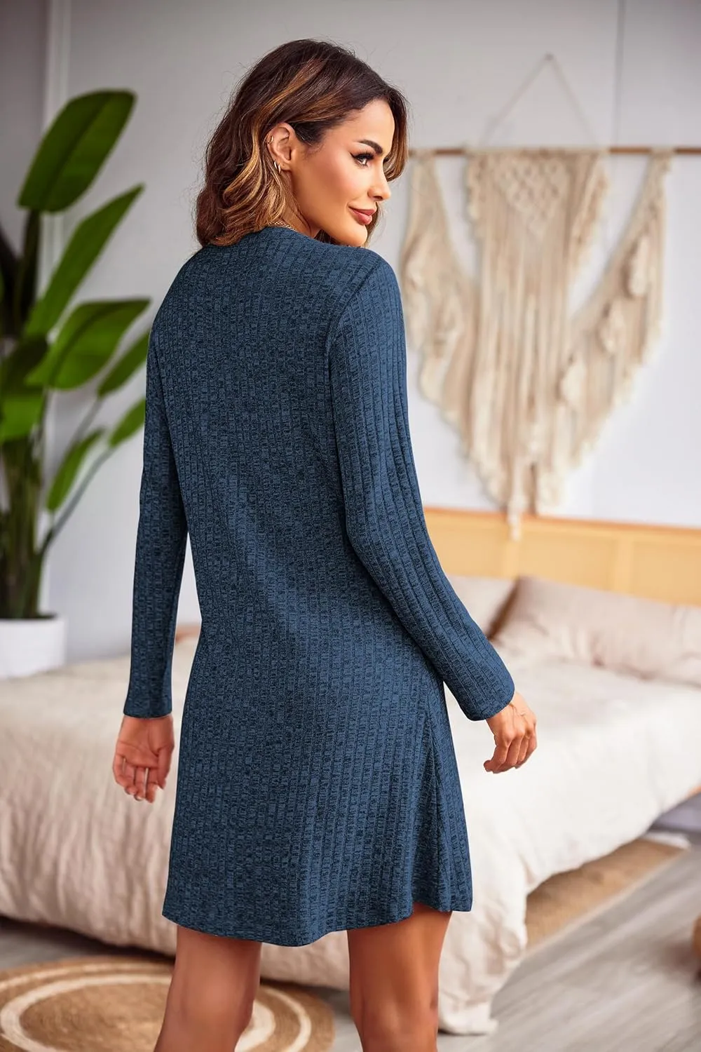 Ekouaer Nightgowns for Women Button Down Night Shirt Long Sleeve Ribbed Knit V-Neck Sleepwear Pajama Dress
