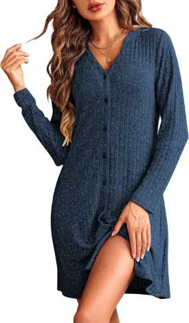 Ekouaer Nightgowns for Women Button Down Night Shirt Long Sleeve Ribbed Knit V-Neck Sleepwear Pajama Dress