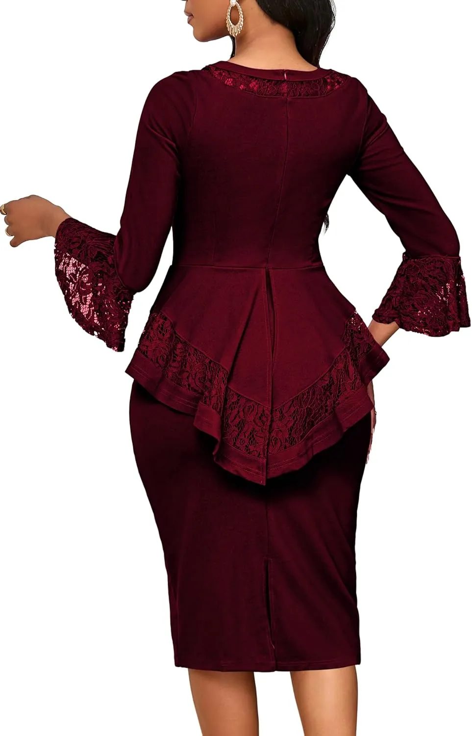 Elegant Dresses for Women Wear to Work Long Sleeve Cocktail Business Knee Length Pencil Lace Dress