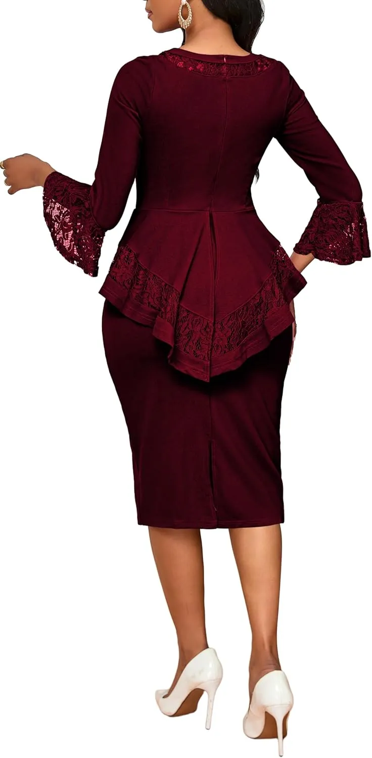 Elegant Dresses for Women Wear to Work Long Sleeve Cocktail Business Knee Length Pencil Lace Dress