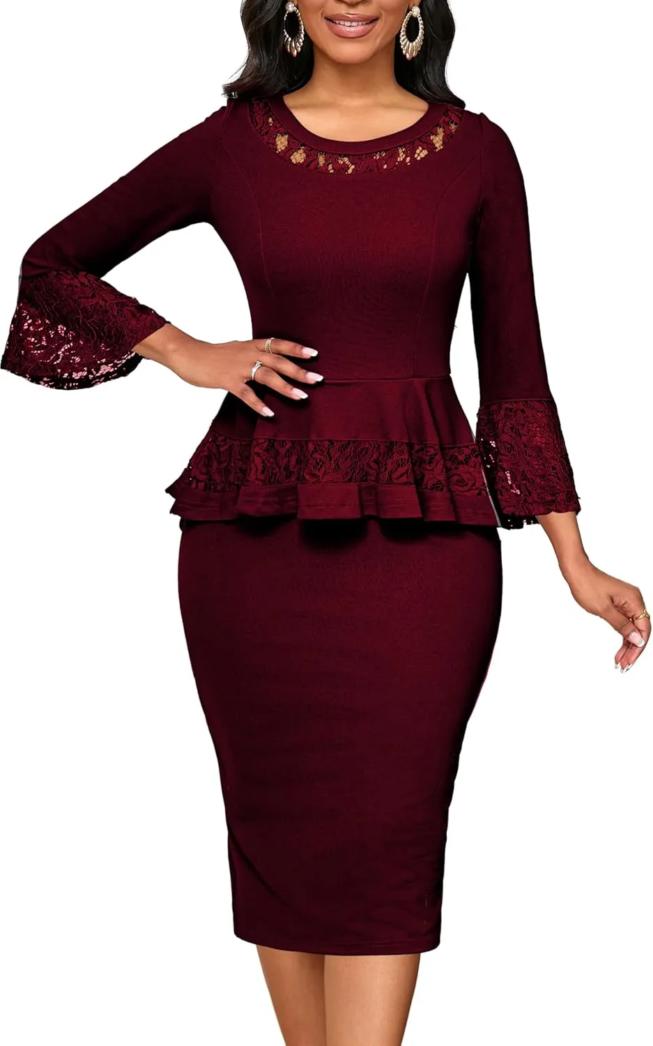 Elegant Dresses for Women Wear to Work Long Sleeve Cocktail Business Knee Length Pencil Lace Dress