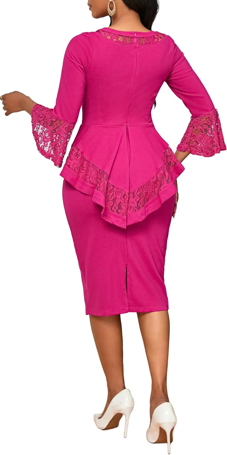 Elegant Dresses for Women Wear to Work Long Sleeve Cocktail Business Knee Length Pencil Lace Dress
