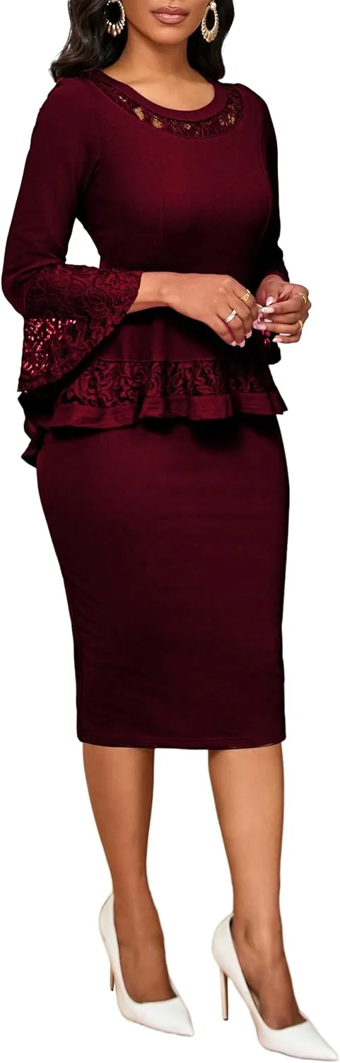 Elegant Dresses for Women Wear to Work Long Sleeve Cocktail Business Knee Length Pencil Lace Dress