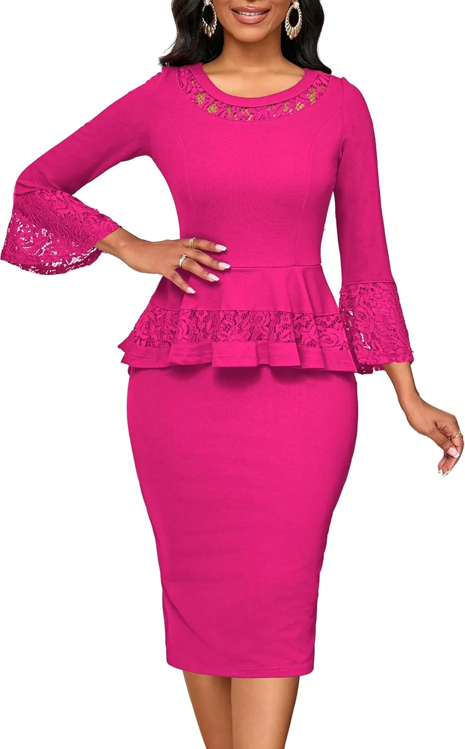 Elegant Dresses for Women Wear to Work Long Sleeve Cocktail Business Knee Length Pencil Lace Dress
