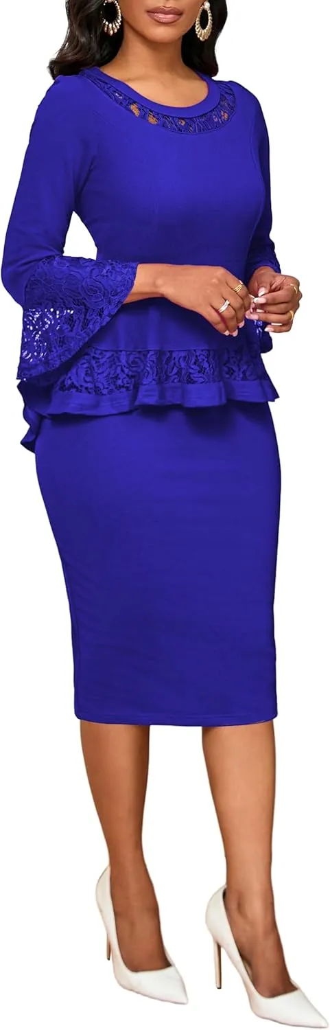 Elegant Dresses for Women Wear to Work Long Sleeve Cocktail Business Knee Length Pencil Lace Dress