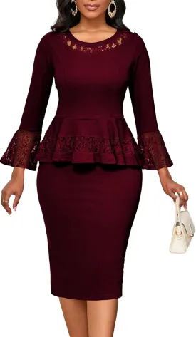 Elegant Dresses for Women Wear to Work Long Sleeve Cocktail Business Knee Length Pencil Lace Dress