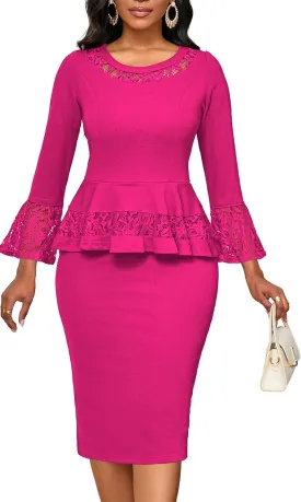 Elegant Dresses for Women Wear to Work Long Sleeve Cocktail Business Knee Length Pencil Lace Dress