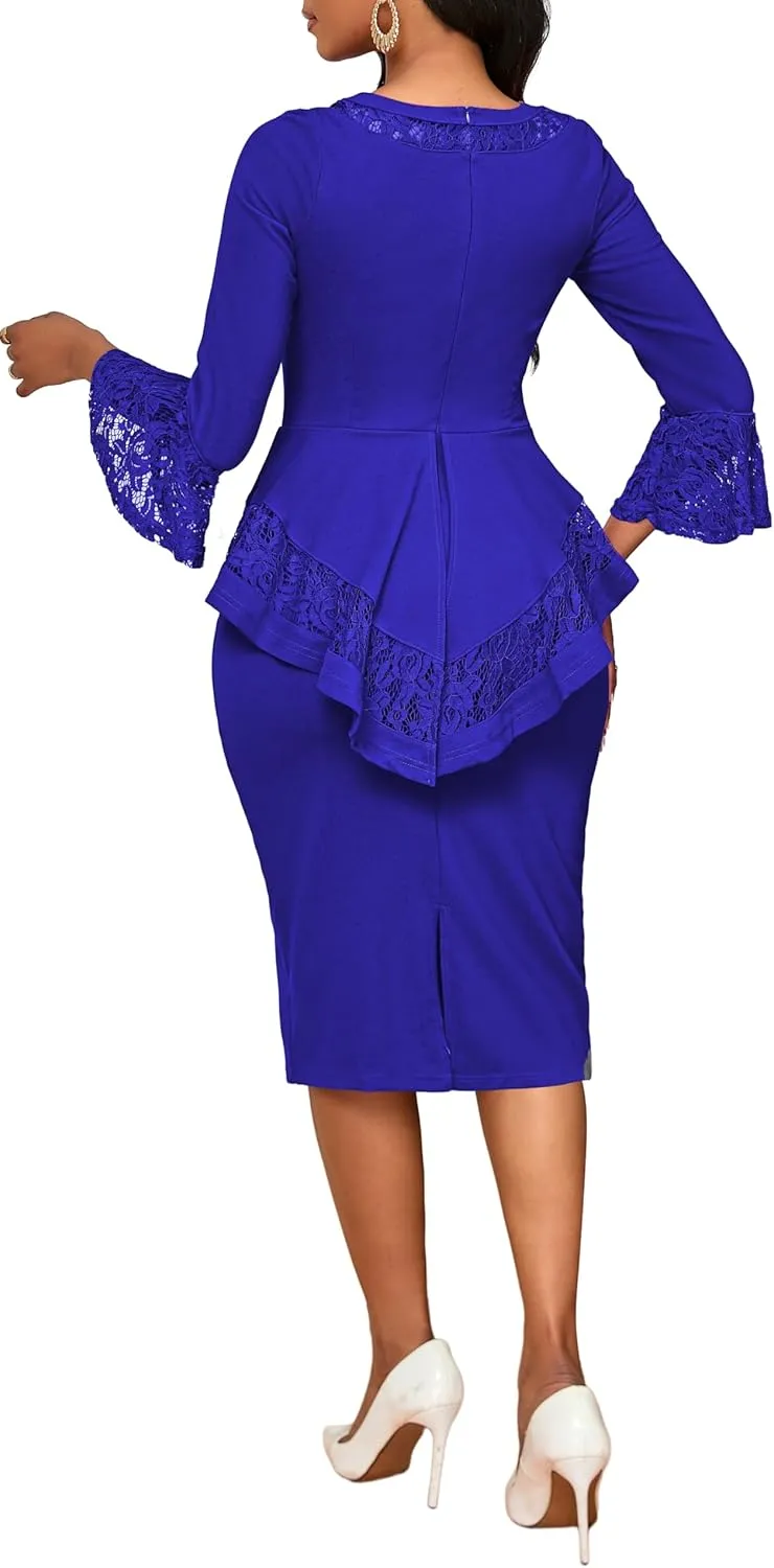 Elegant Dresses for Women Wear to Work Long Sleeve Cocktail Business Knee Length Pencil Lace Dress