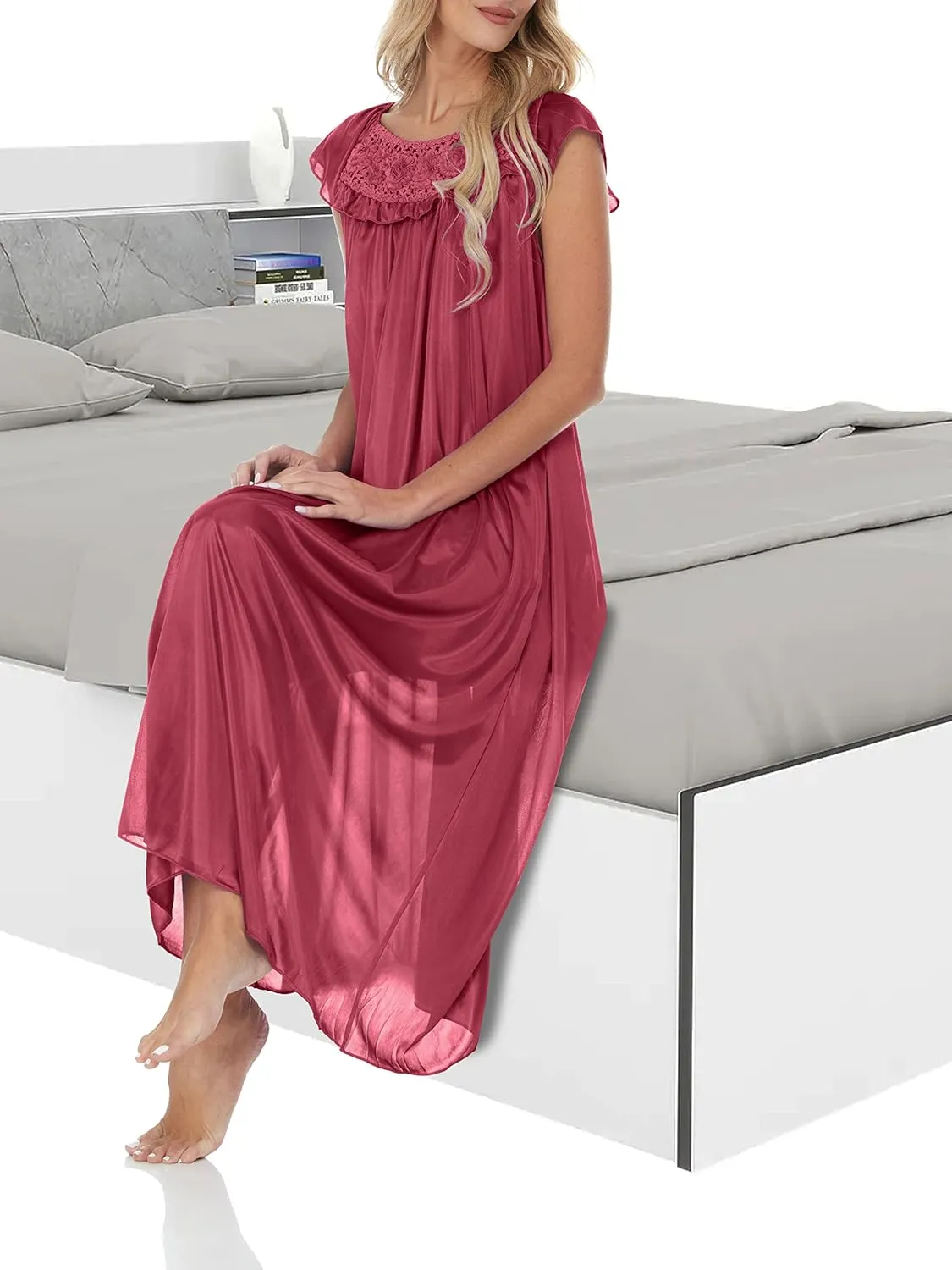Ezi Satin Silk Nightgown For Women - Soft & Breathable Womens Sleepwear- Sexy Short Sleeves Womens Sleepwear, M - Plus Size