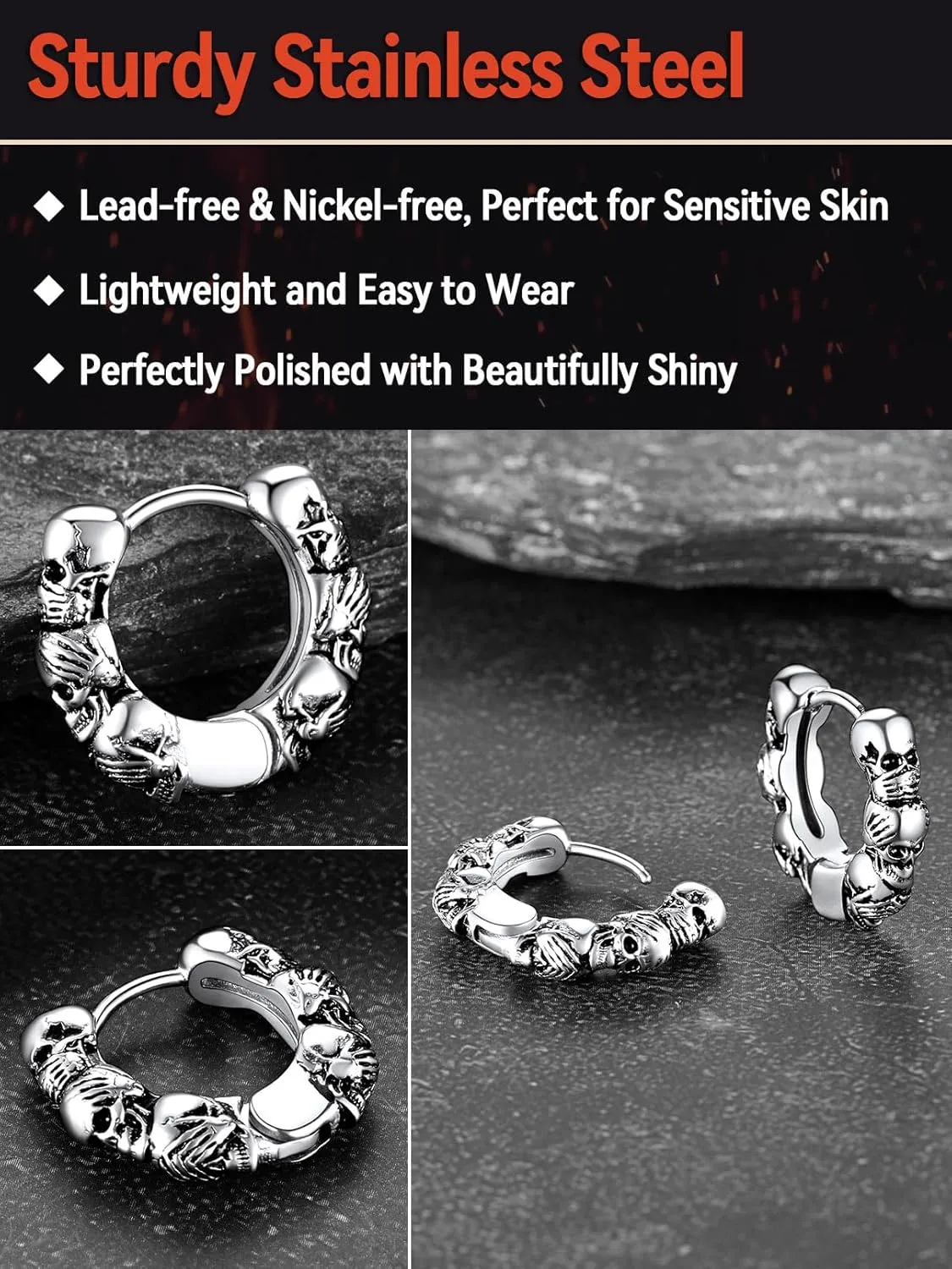 FaithHeart Skull Hoop Earrings for Men Silver/Black/Gold Stainless Steel Huggie Hoop Earrings Lightweight Hypoallergenic Earrings for Sensitive Ears