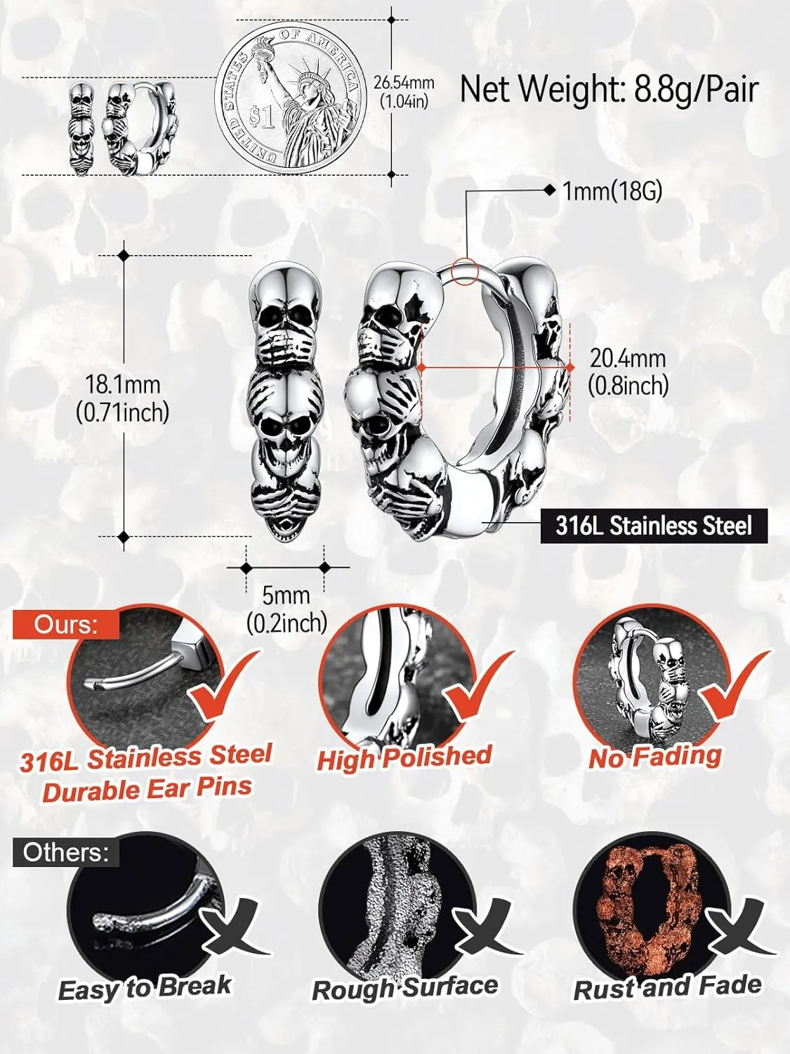 FaithHeart Skull Hoop Earrings for Men Silver/Black/Gold Stainless Steel Huggie Hoop Earrings Lightweight Hypoallergenic Earrings for Sensitive Ears