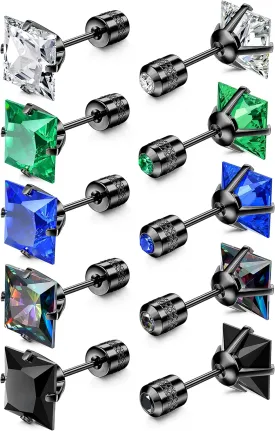 FIBO STEEL 5 Pairs Titanium Screw Back Surgical Stainless Steel Stud Earrings for Women Men, Rainbow 5A Cubic Zirconia Sleep Hypoallergenic Stud for Sensitive Ears