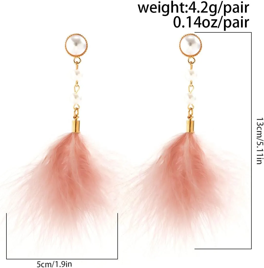 Fluffy Feather Drop Dangle Earrings Vintage Pearl Flocked Feather Tassel Earrings Long Statement Ear Accessories for Women
