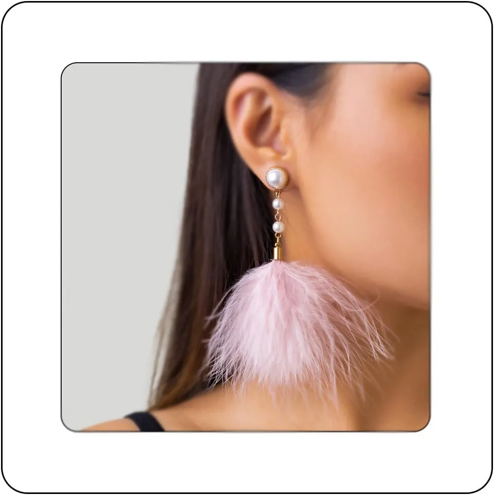 Fluffy Feather Drop Dangle Earrings Vintage Pearl Flocked Feather Tassel Earrings Long Statement Ear Accessories for Women