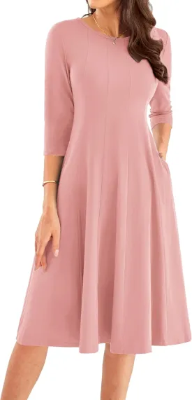 GRACE KARIN Womens 2025 Trendy Dresses Crew Neck 3/4 Sleeve A Line Loose Casual Midi Dress with Pockets
