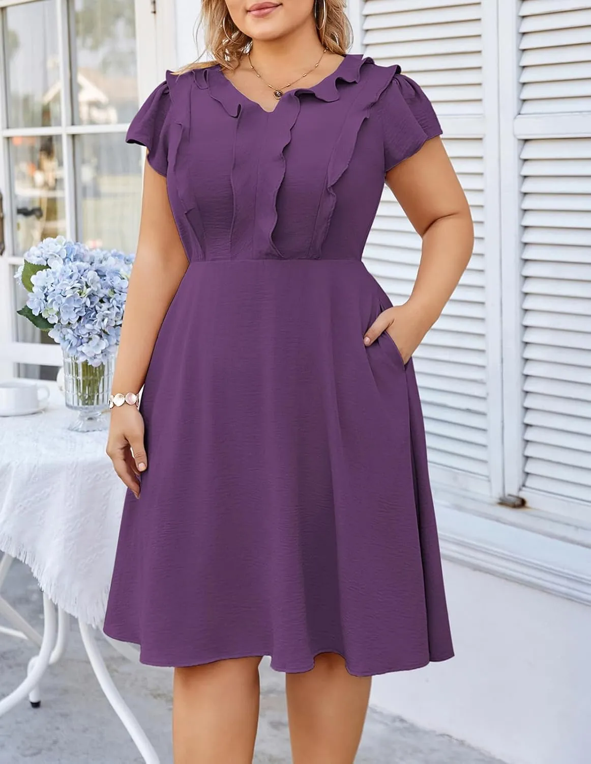 Hanna Nikole Women Plus Size Flounce Sleeve A-Line Casual Midi Dress with Pockets Elastic Empire Waist Flowy Dresses