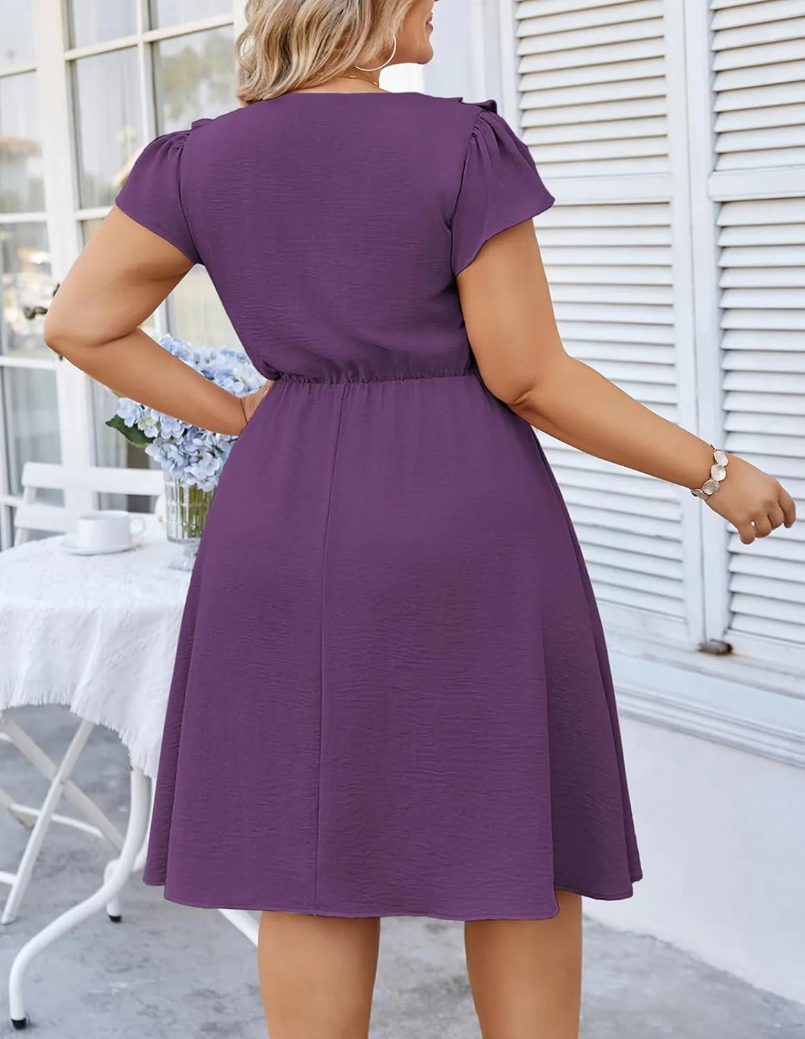 Hanna Nikole Women Plus Size Flounce Sleeve A-Line Casual Midi Dress with Pockets Elastic Empire Waist Flowy Dresses