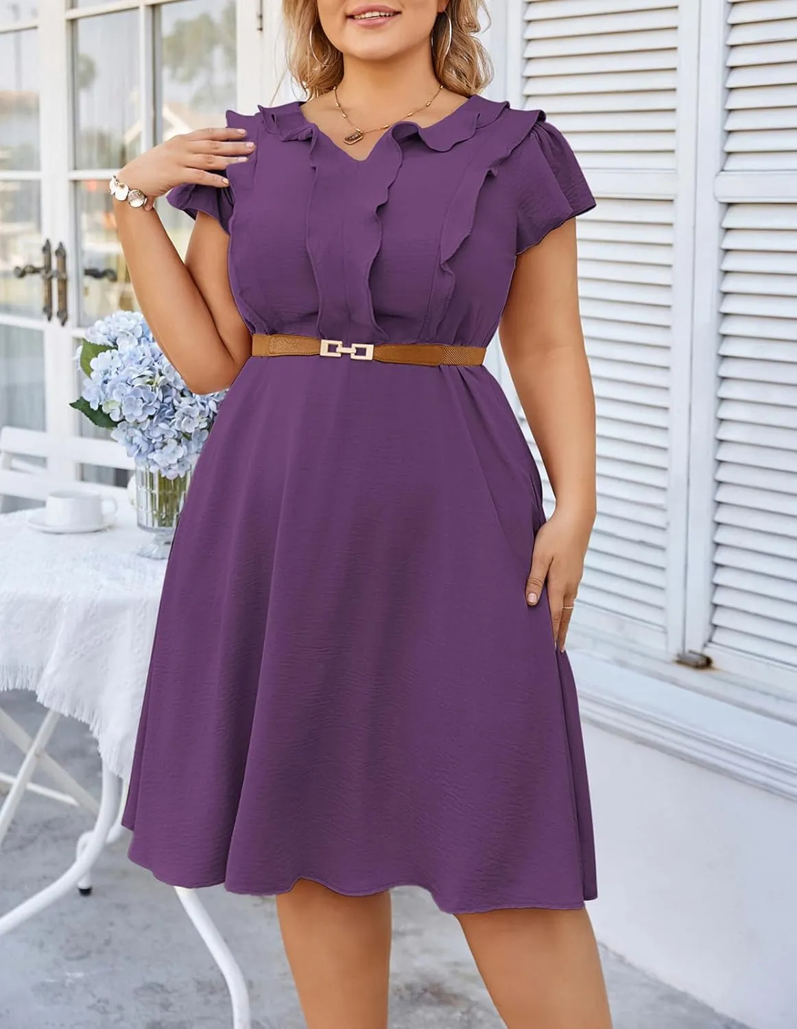 Hanna Nikole Women Plus Size Flounce Sleeve A-Line Casual Midi Dress with Pockets Elastic Empire Waist Flowy Dresses