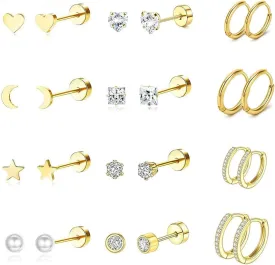 Hypoallergenic Stainless Steel Earrings for Women, 12 Pairs 8mm/10mm 18G Small Hoop & 6mm 20G Flat Back Stud Earrings Set, Cartilage Earring for Multiple Piercings
