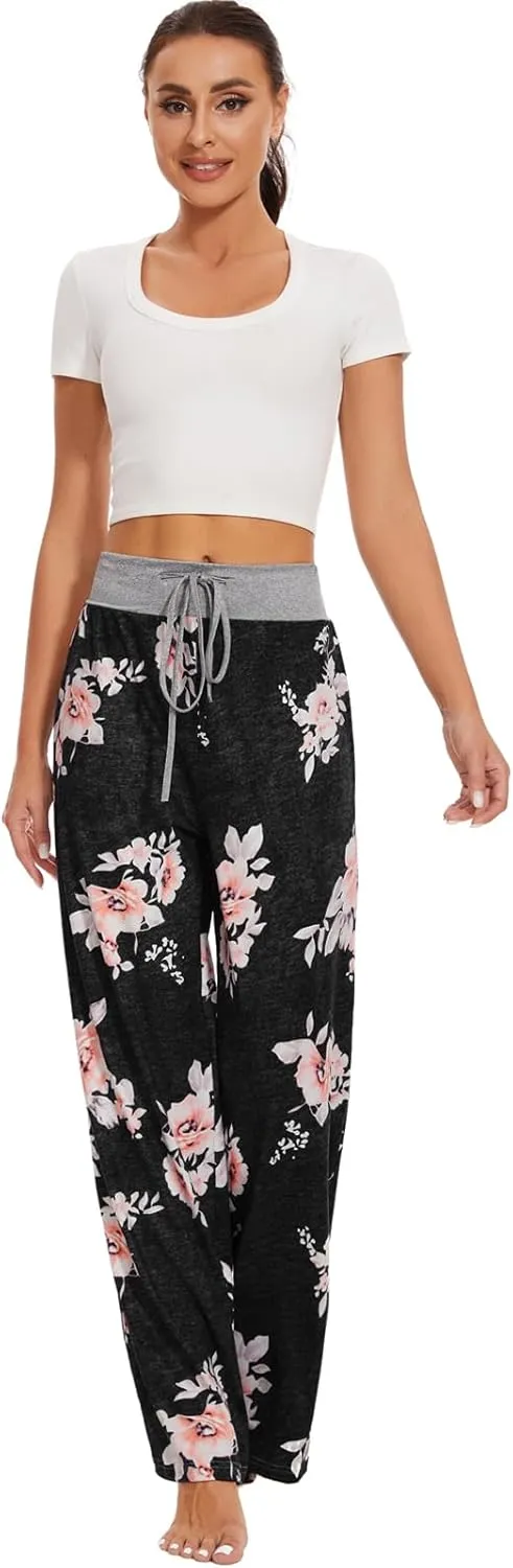 iniber Women's Comfy Pajama Pants Long Casual Drawstring Palazzo Lounge Pants Soft Wide Leg Bottoms