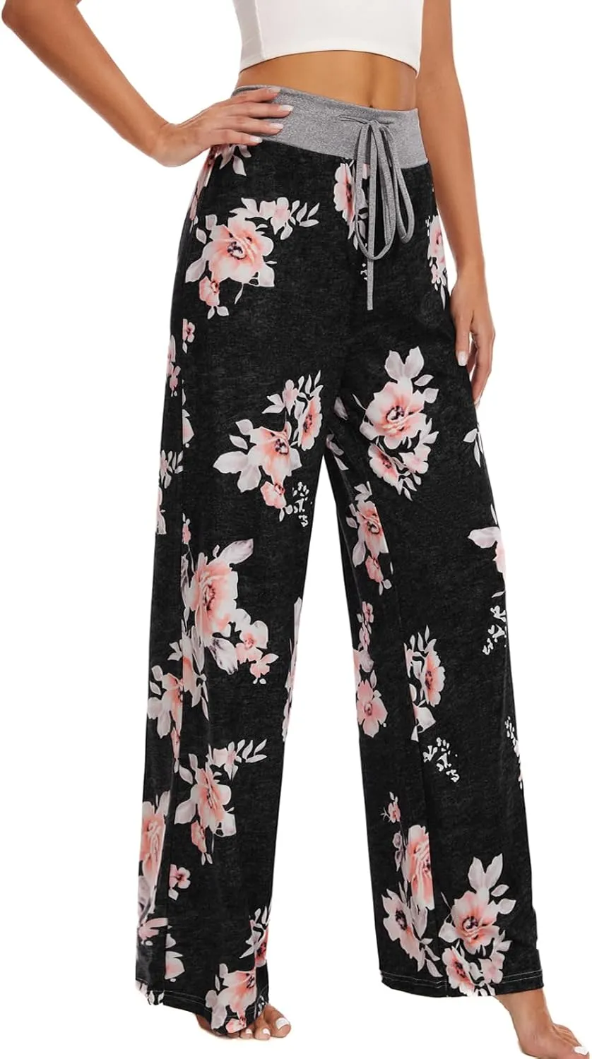 iniber Women's Comfy Pajama Pants Long Casual Drawstring Palazzo Lounge Pants Soft Wide Leg Bottoms