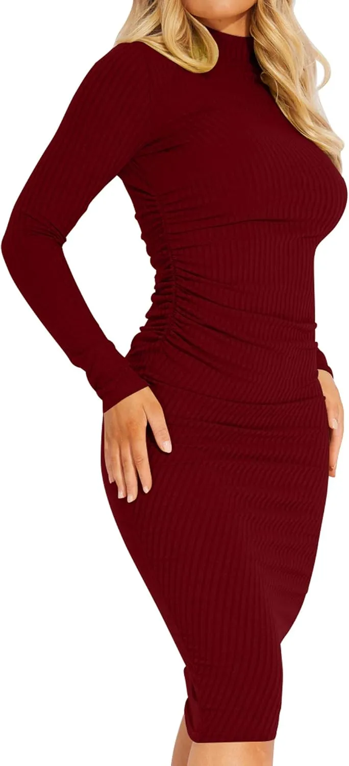 Kaximil Women's Ribbed Basic Casual Midi Dress Long Sleeve Bodycon Ruched Club Dresses