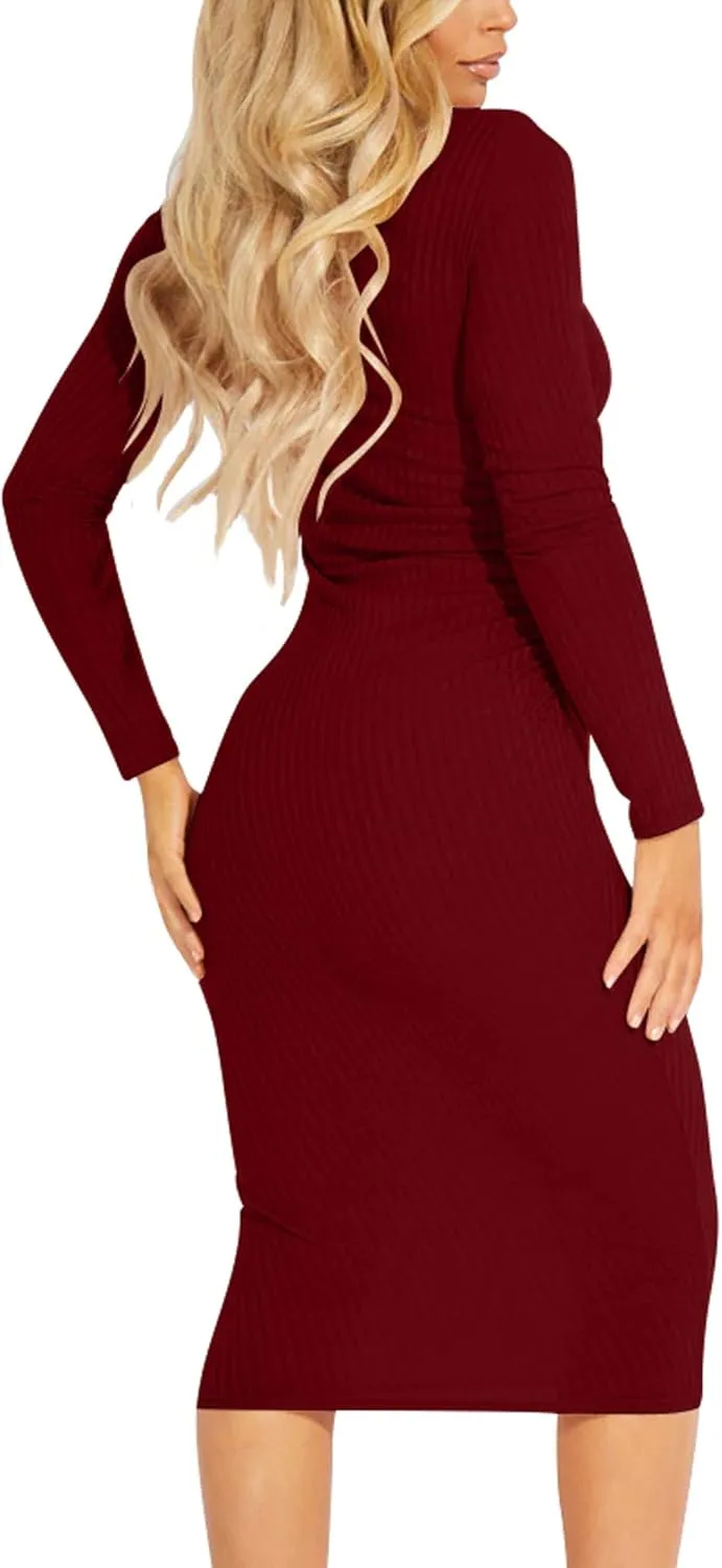 Kaximil Women's Ribbed Basic Casual Midi Dress Long Sleeve Bodycon Ruched Club Dresses