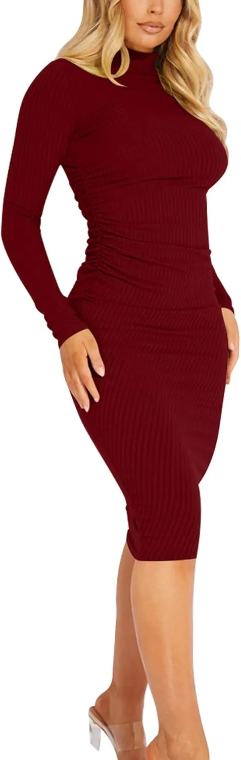 Kaximil Women's Ribbed Basic Casual Midi Dress Long Sleeve Bodycon Ruched Club Dresses