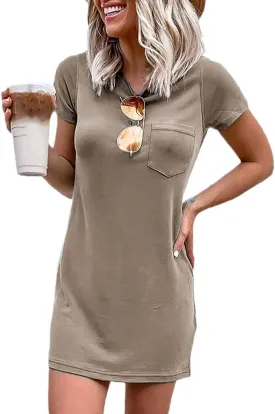 Ladiyo Women T Shirt Dress Summer Fashion Mini Dress Crew Neck Short Sleeve Dress Solid Color Casual Dress with Pocket