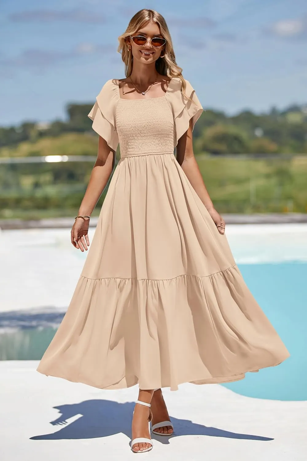MASCOMODA Womens Summer Casual Midi Dress Square Neck Ruffle Short Sleeve Smocked High Waist A Line Wedding Guest Dresses