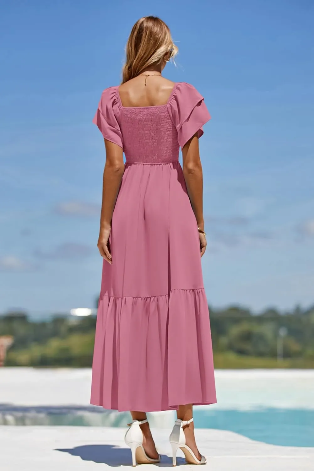 MASCOMODA Womens Summer Casual Midi Dress Square Neck Ruffle Short Sleeve Smocked High Waist A Line Wedding Guest Dresses