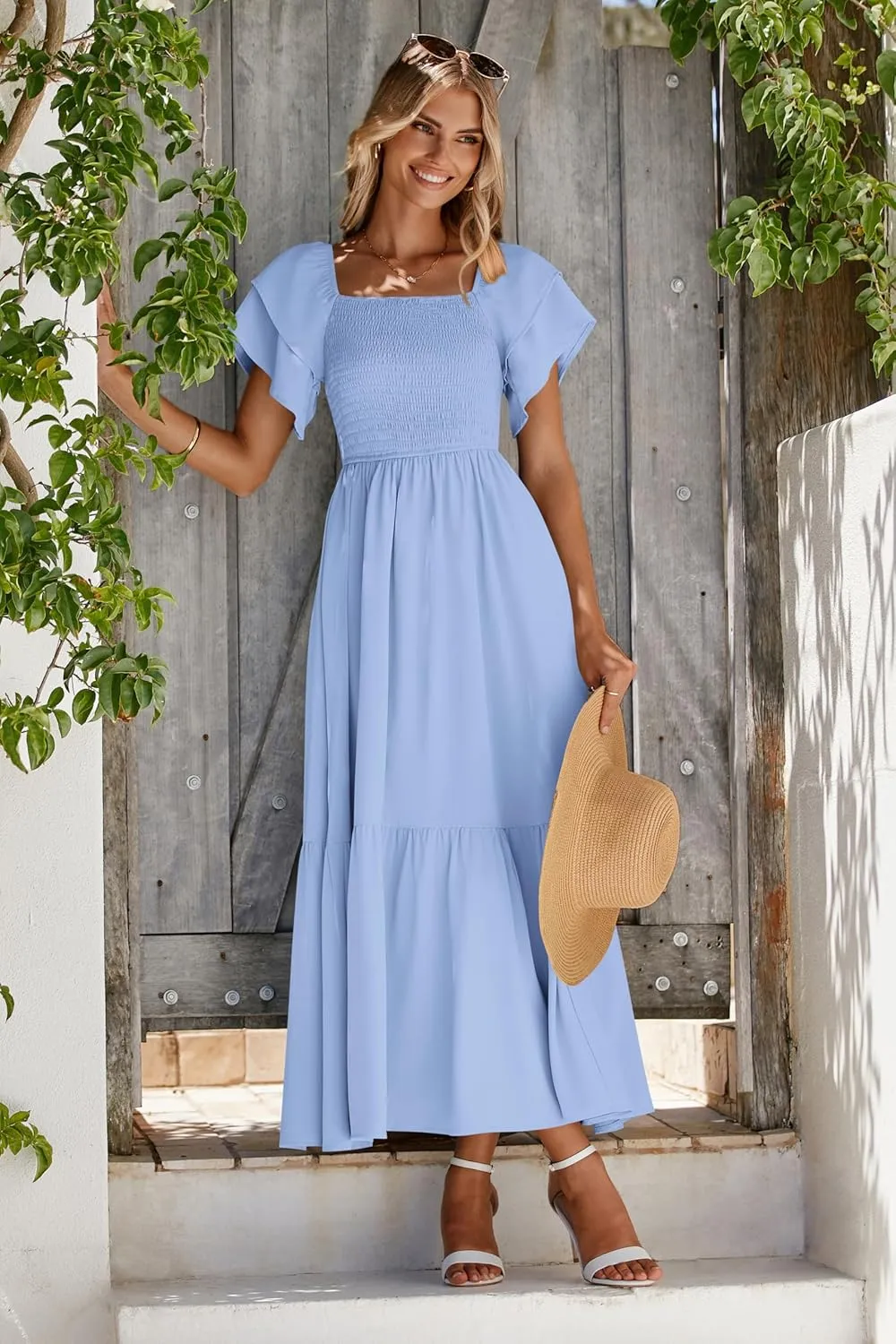 MASCOMODA Womens Summer Casual Midi Dress Square Neck Ruffle Short Sleeve Smocked High Waist A Line Wedding Guest Dresses