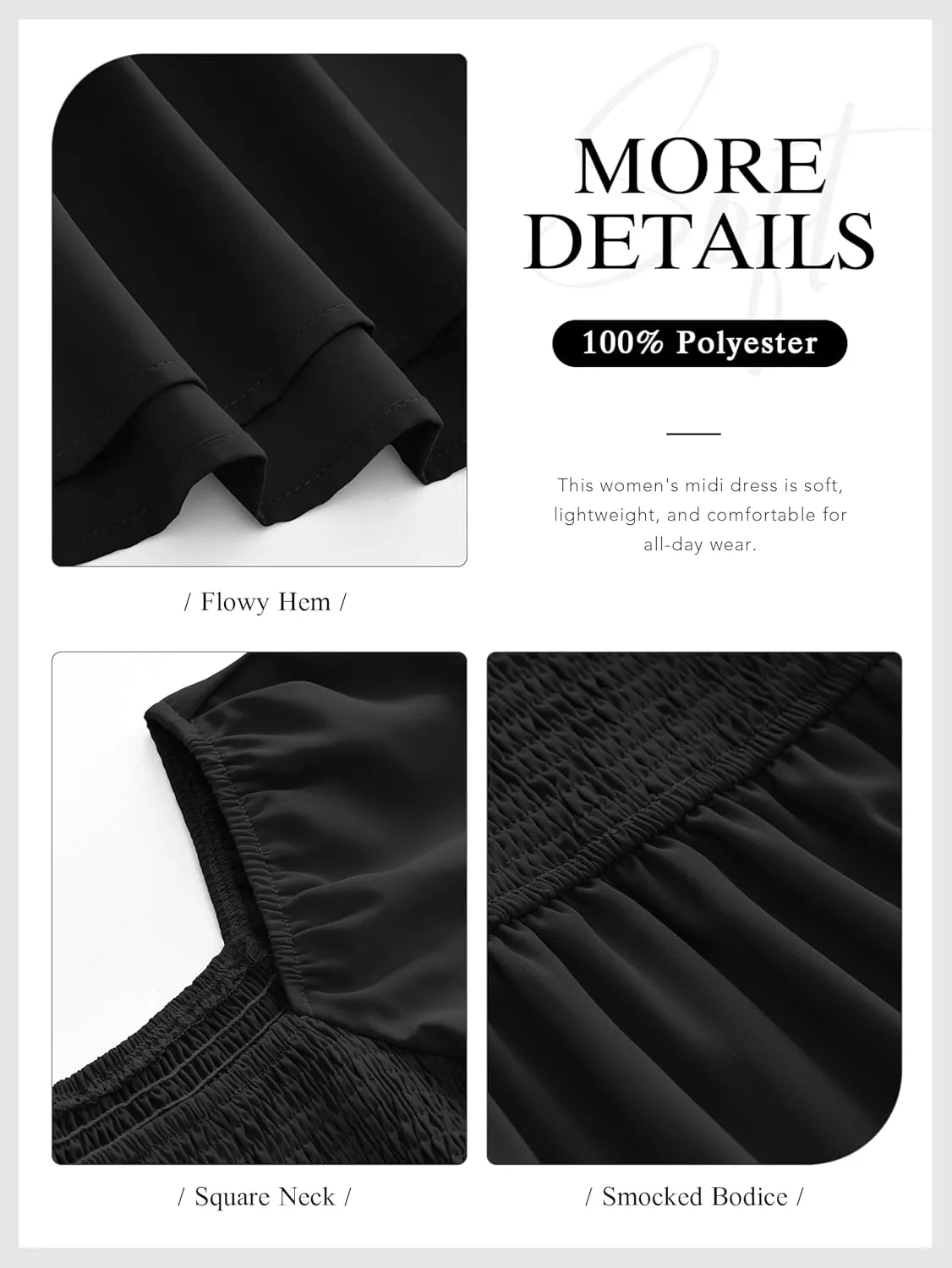 MASCOMODA Womens Summer Casual Midi Dress Square Neck Ruffle Short Sleeve Smocked High Waist A Line Wedding Guest Dresses