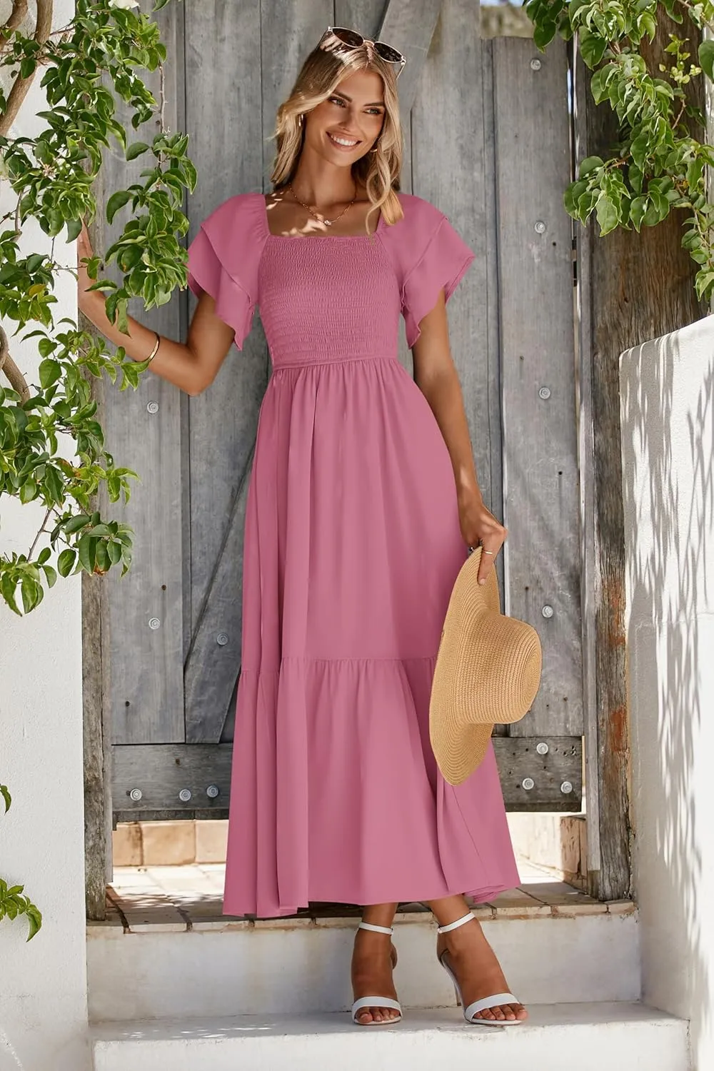 MASCOMODA Womens Summer Casual Midi Dress Square Neck Ruffle Short Sleeve Smocked High Waist A Line Wedding Guest Dresses