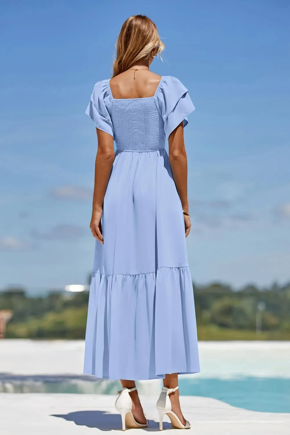 MASCOMODA Womens Summer Casual Midi Dress Square Neck Ruffle Short Sleeve Smocked High Waist A Line Wedding Guest Dresses