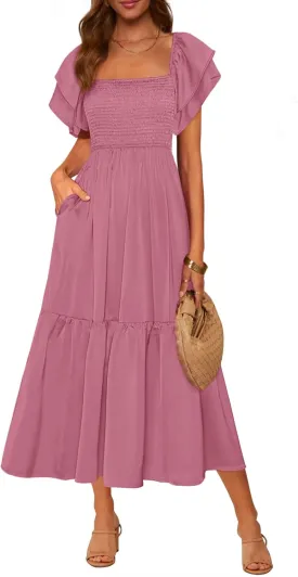 MASCOMODA Womens Summer Casual Midi Dress Square Neck Ruffle Short Sleeve Smocked High Waist A Line Wedding Guest Dresses