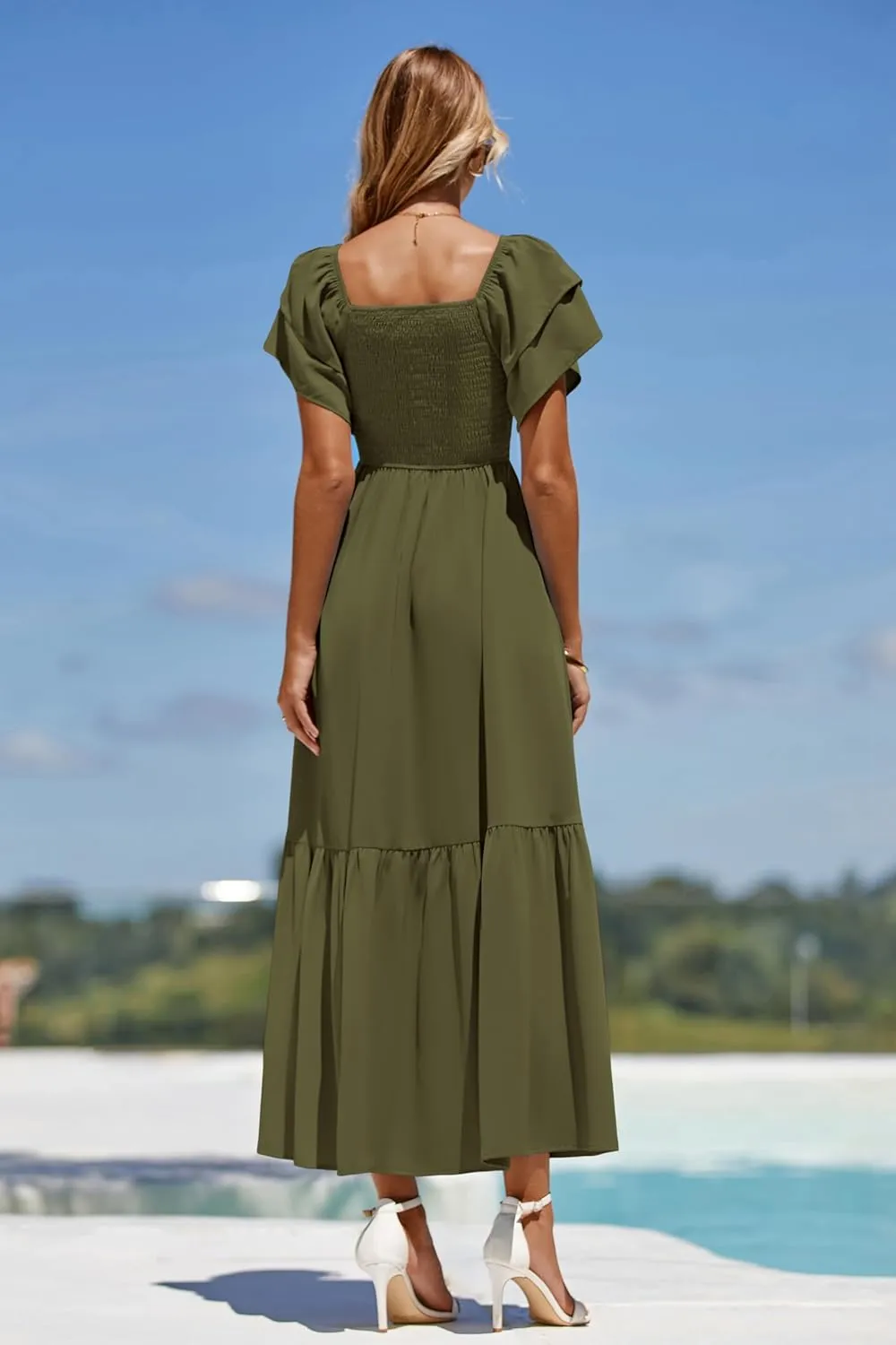 MASCOMODA Womens Summer Casual Midi Dress Square Neck Ruffle Short Sleeve Smocked High Waist A Line Wedding Guest Dresses