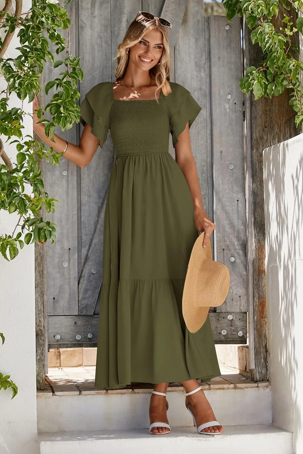 MASCOMODA Womens Summer Casual Midi Dress Square Neck Ruffle Short Sleeve Smocked High Waist A Line Wedding Guest Dresses