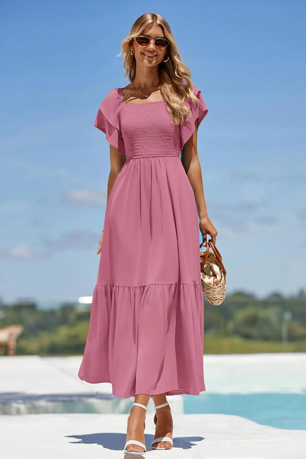 MASCOMODA Womens Summer Casual Midi Dress Square Neck Ruffle Short Sleeve Smocked High Waist A Line Wedding Guest Dresses